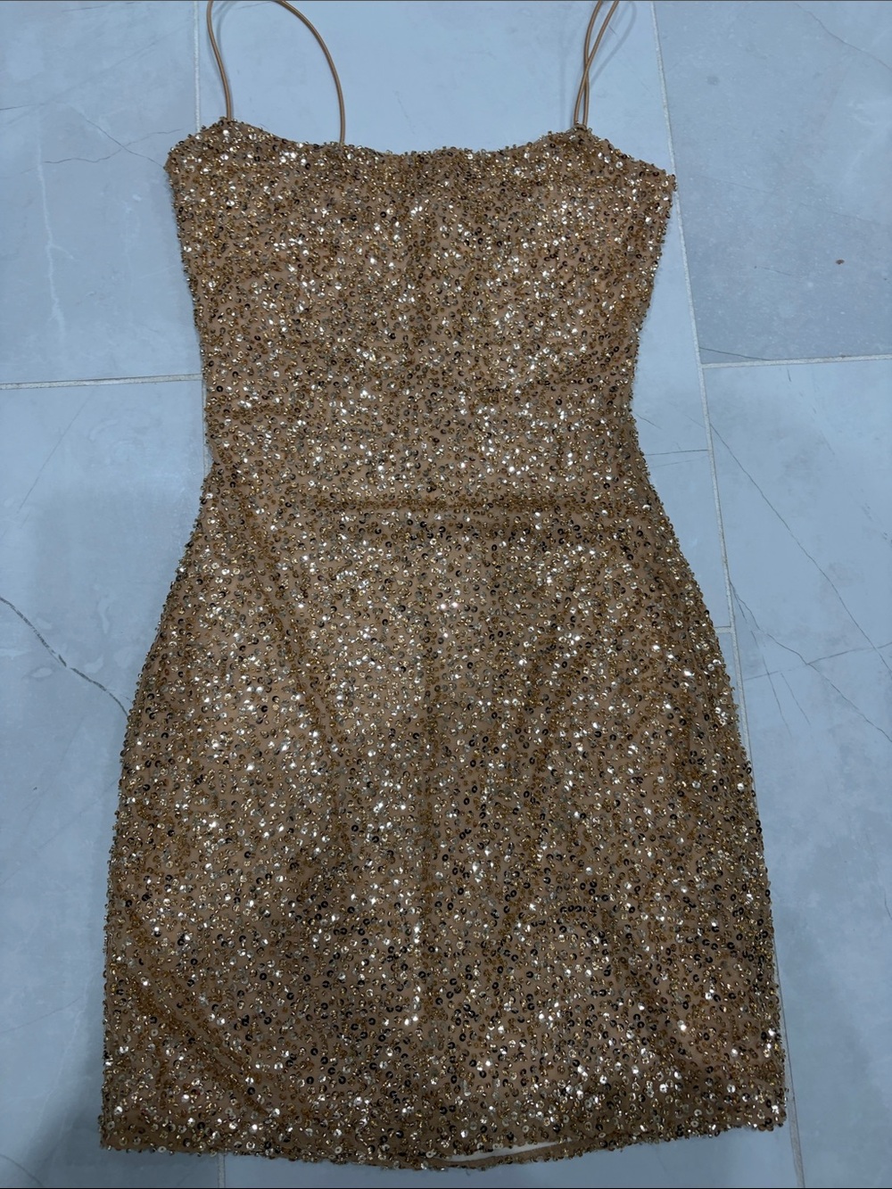 Oh Polly Gold Sequin Mini Dress with Spaghetti Straps